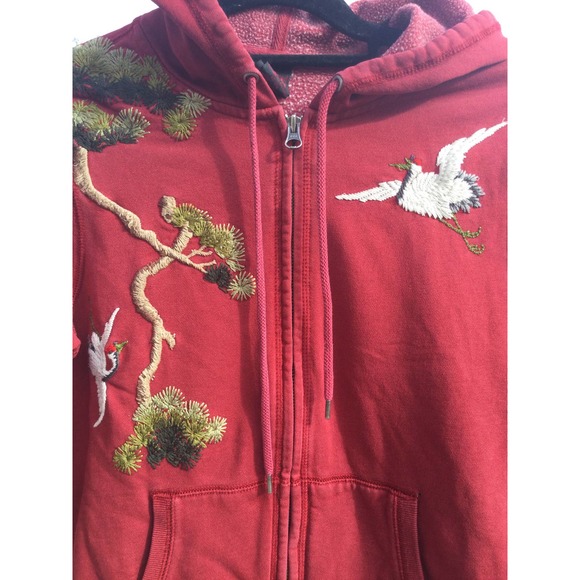 Vintage Lucky Brand womens zip up hoodie sweatshirt M embroidered red Y2K crane - Picture 6 of 12